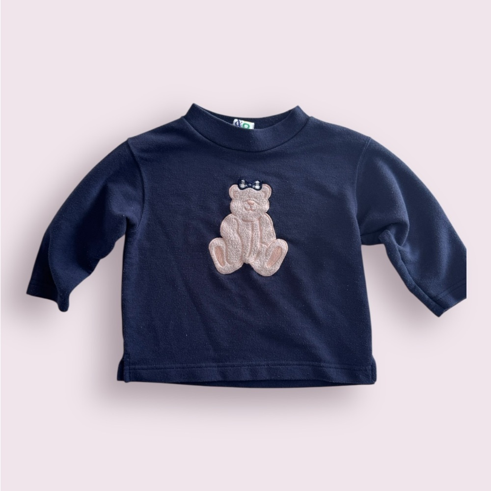 Retro Navy Blue Girls Sweater with Bear Patch